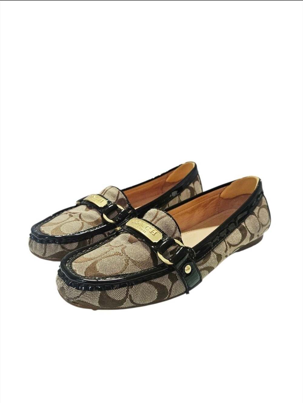 Coach Felisha Signature Loafer Flats Sz 8.5B Brown Jacquard Patent Leather A2134